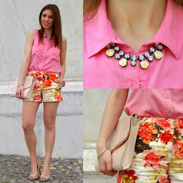 florale-hotpants-outfit-sommer-rosafarbenes-hemd-halskette-clutch
