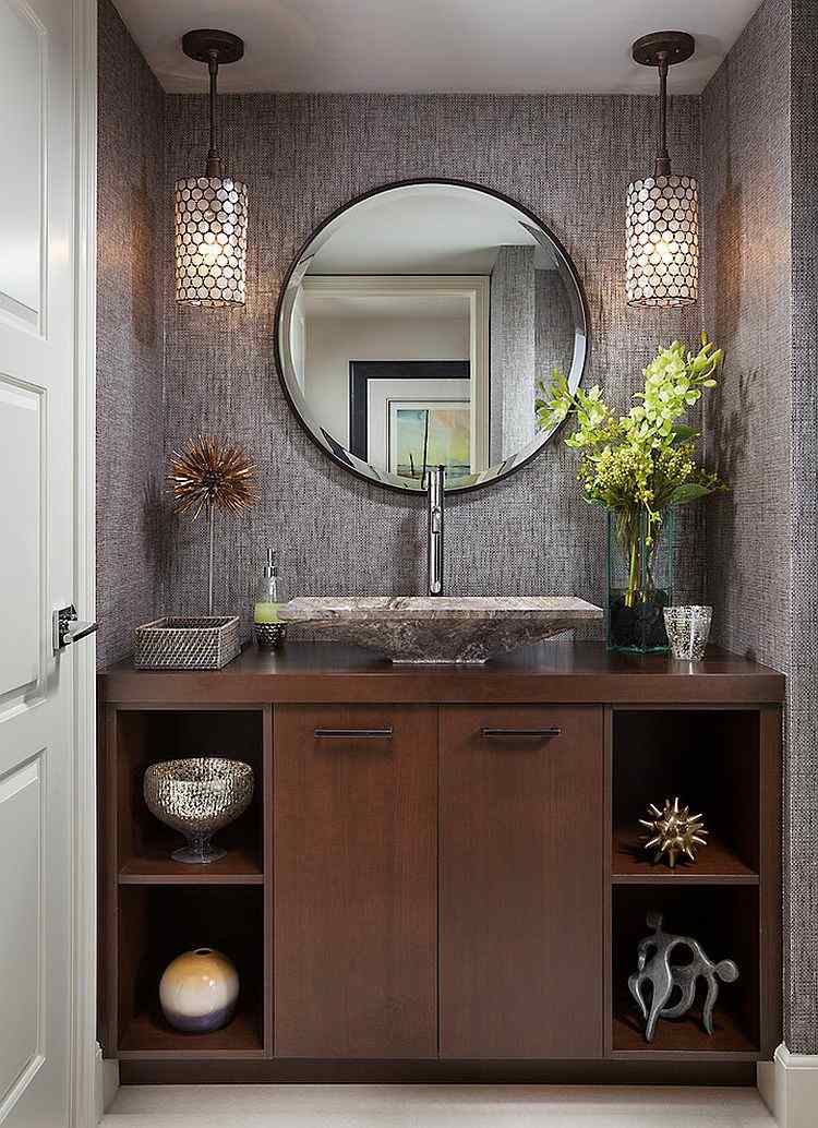gäste wc design spiegel rund lampen elegant schrank holz