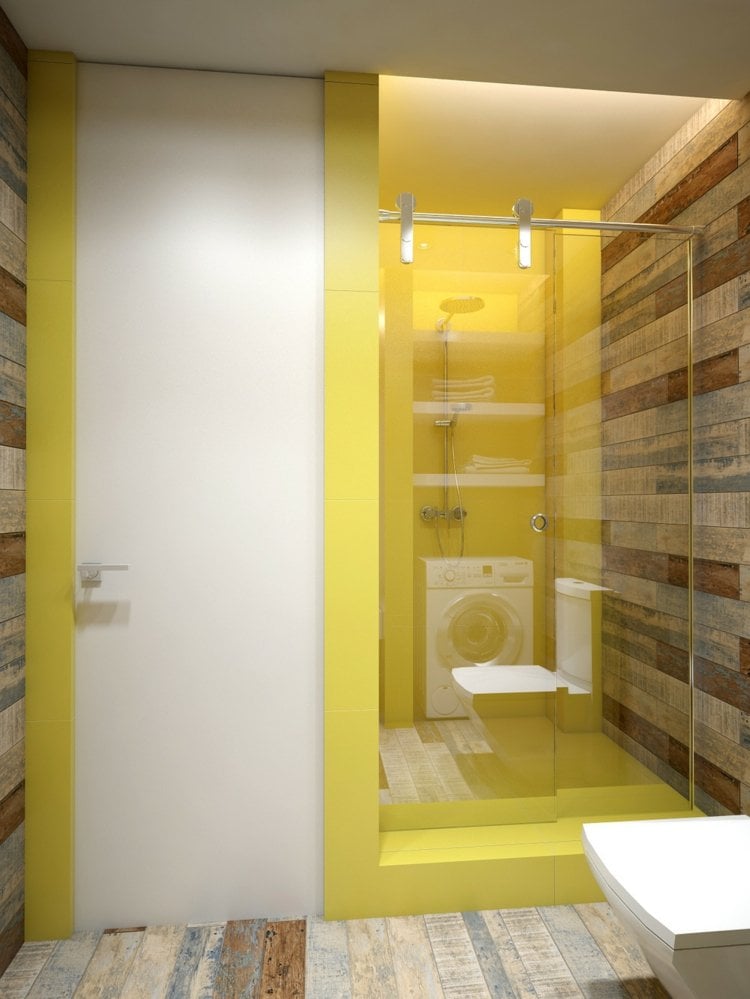 gestaltung interieur dusche bad gelb wand holzverkleidung glastuer