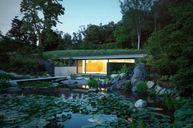 haus anbau als schwimmbad teich rasen dach modern design