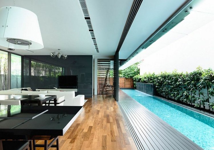 haus mit modernen interieur ideen parkett wohnzimmer innenhof pool