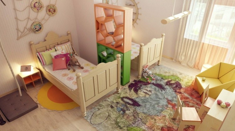idee romantisch kinderzimmer pastell farben teppich raumteiler sessel