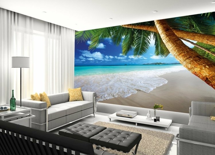 ideen fuer die wand bildtapete strand palme wohnzimmer