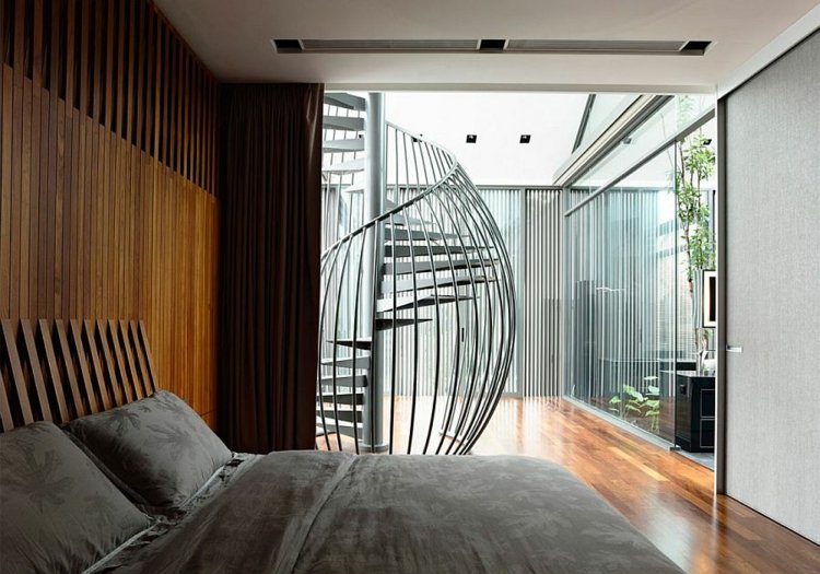 interieur schlafzimmer design holz bett wendeltreppe modern
