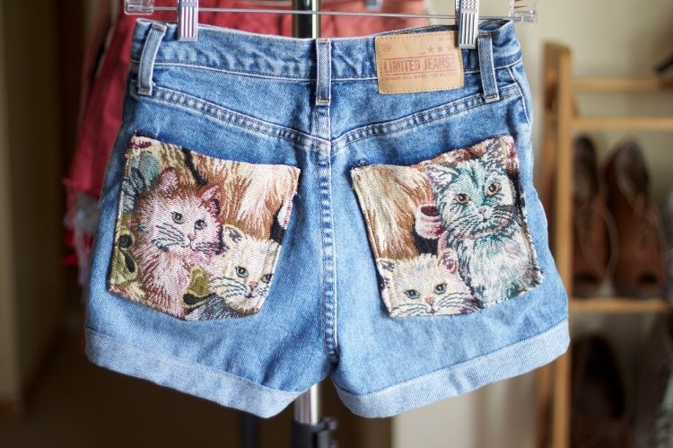 Jeans Hotpants gestalten-hosentaschen-katzen-stoff-dekorieren-selber-machen