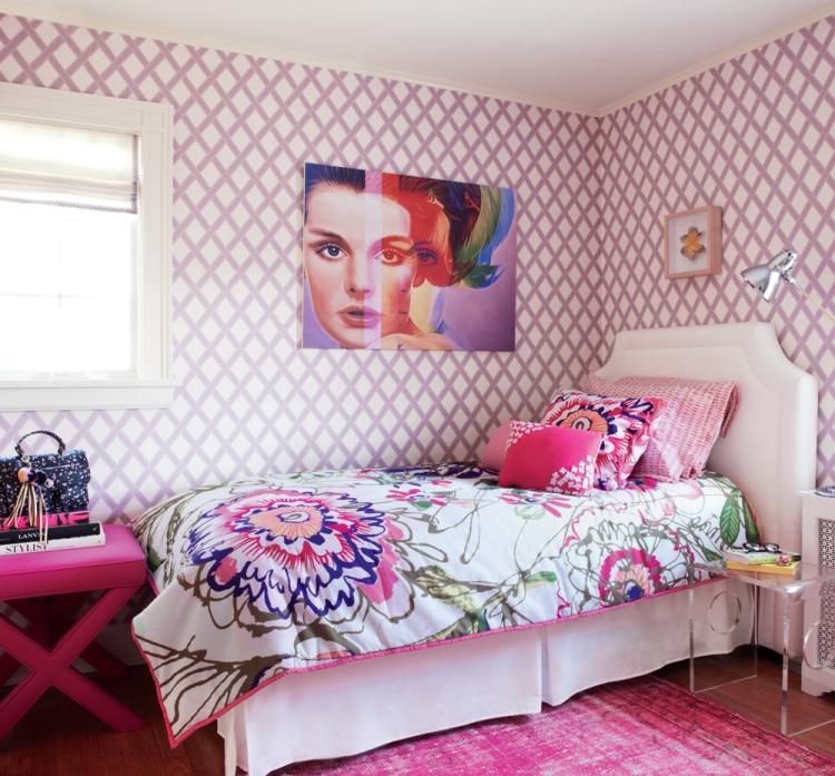 jugendzimmer-farbgestaltung-madchen-mustertapeten-rauten-pink-lila