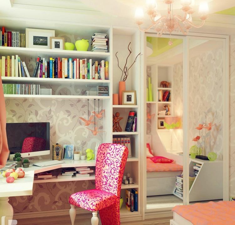kinderzimmer-deko-selber-machen-madchenzimmer-bunt-schreibtisch-rosa-spiegelschrank-klein