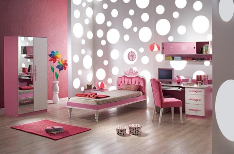 Kinderzimmer Deko -selber-machen-madchenzimmer-pink-weiss-kreise-leuchten-jugendlich