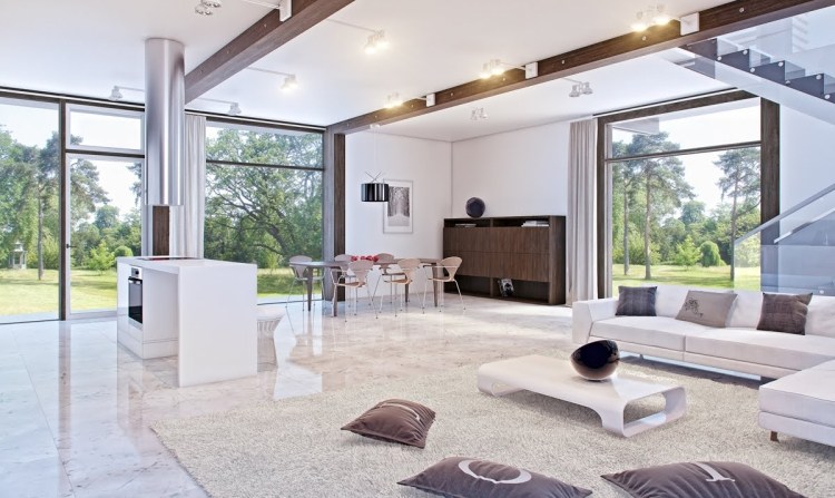 Marmorboden zu Hause -weiss-wohnzimmer-esstisch-ecksofa-offen-modern-architektur-innen