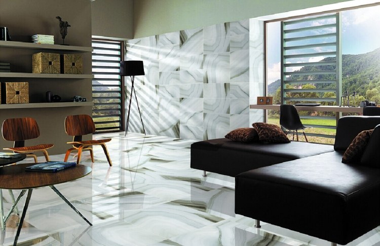 Marmorboden zu Hause -wohnzimmer-luxus-wandverkleidung-marmor-eckcouch-leder-wandregal