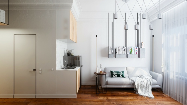 mini apartment design ideen wohnzimmer couch kueche lampe abstrakt