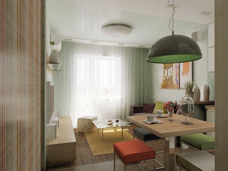 mini apartment design ideen wohnzimmer essbereich gruen rot gelb moebel