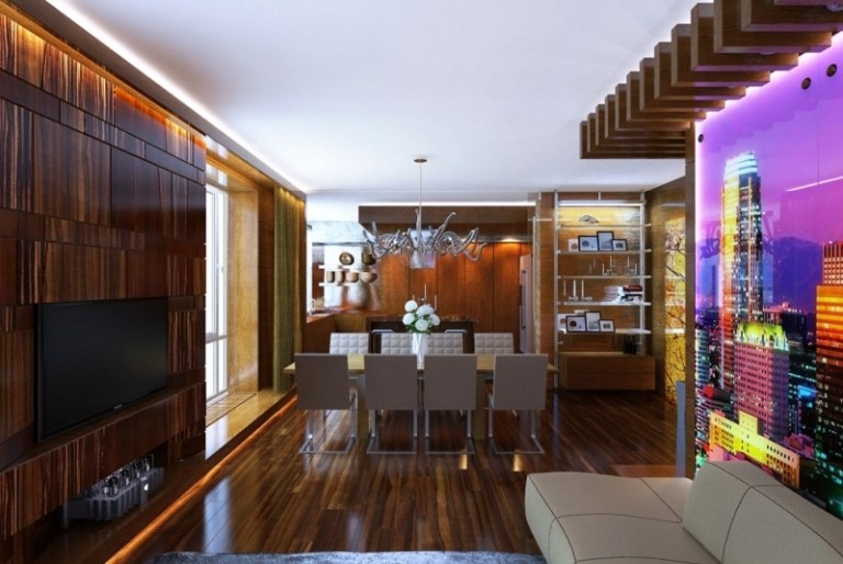 moderne-Wohnideen-Wohnzimmer-Wandgestaltung-Fotowand-Beleuchtung-Holzpaneele