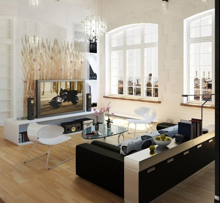 moderne Wohnideen Wohnzimmer-schwarze-Wohnlandschaft-Big-Sofa-Kaffeetisch-Glas