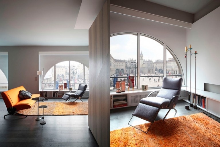moderne-Wohnzimmer-Bilder-Ideen-Ledersessel-orange-Teppich-Sofa