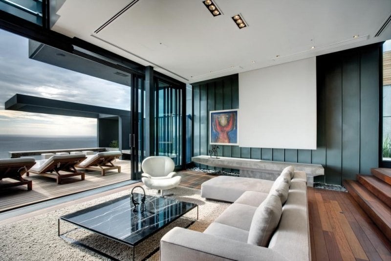 moderne Wohnzimmer Bilder-Ideen-Marmor-Optik-Kaffeetisch-graue-Wand-Holz