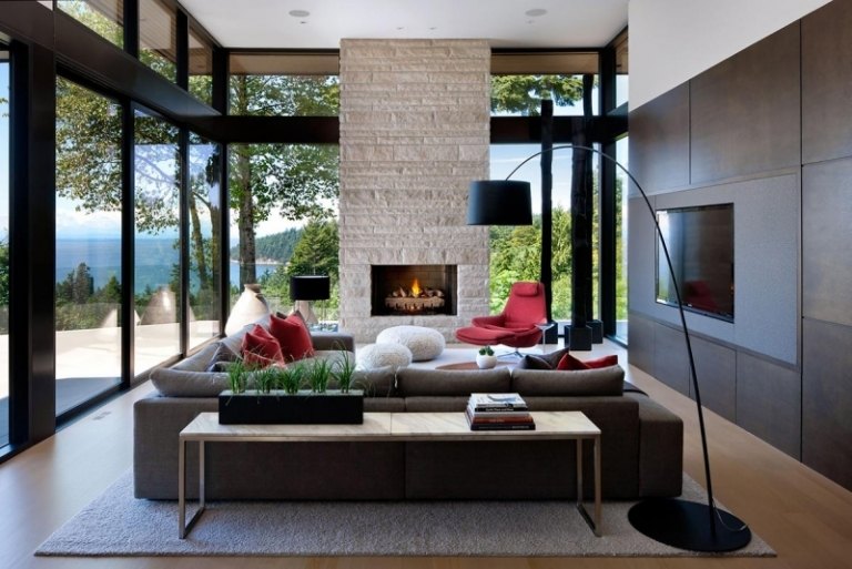 moderne-Wohnzimmer-Bilder-Ideen-Naturstein-Kamin-graue-Medienwand