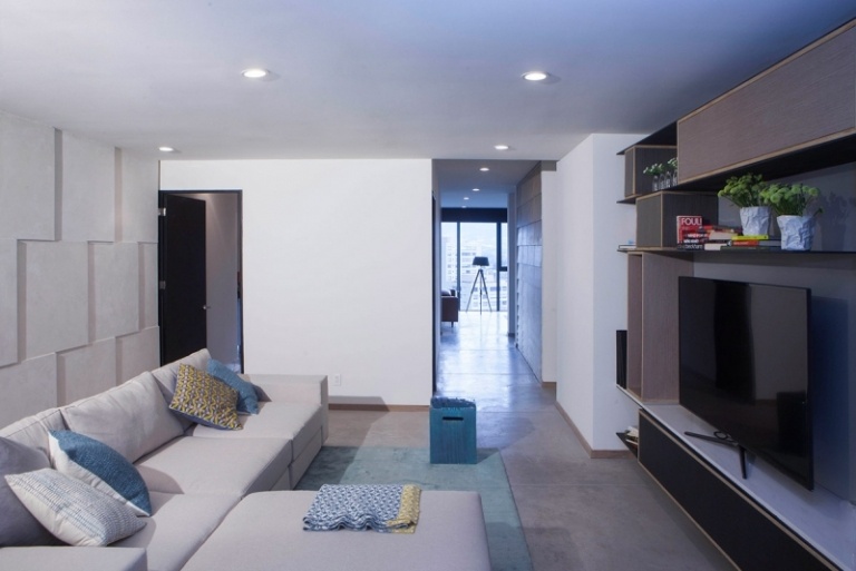 moderne-Wohnzimmer-Bilder-Ideen-Wandpaneele-Ecksofa-Beton