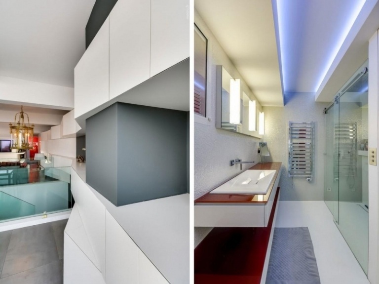 Moderne Inneneinrichtung -flur-bad-rot-akzente-weiss-hochglanz-modern-badezimmer