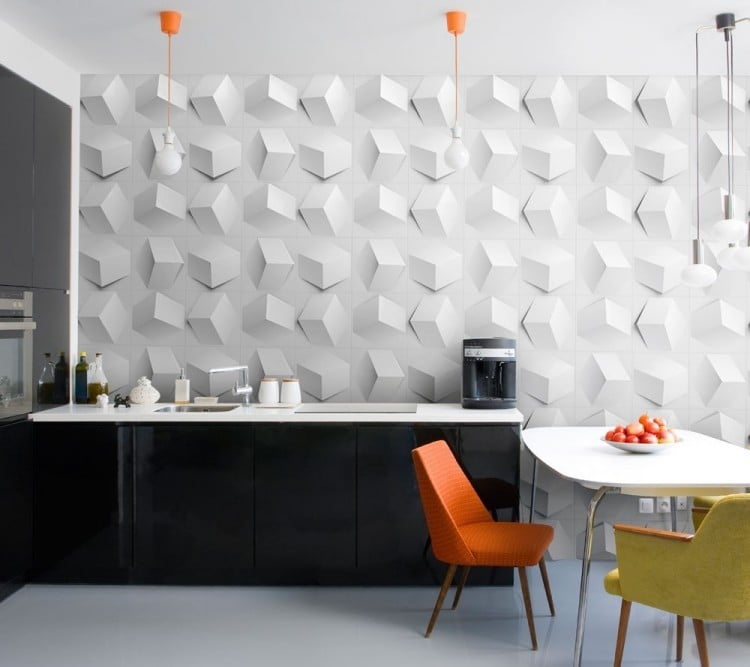 moderne Küche Wandgestaltung 3d-wandpaneele-schwarze-schranke