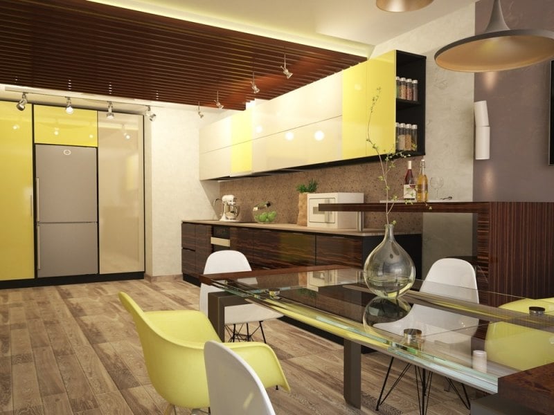 Moderne Küchen bilder-fronten-dunkles-holz-creme-hochglanz-gelbe-akzente-rueckwand-stein-optik