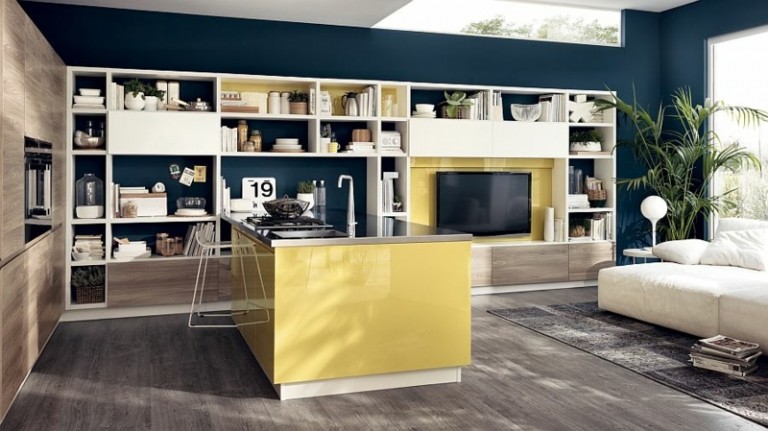 moderne küchen design blau gelb motus wohnzimmer parkett kuecheninsel