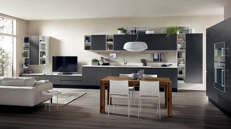 moderne kuechen design grau minimalistisch wohnwand esstisch couch weiss