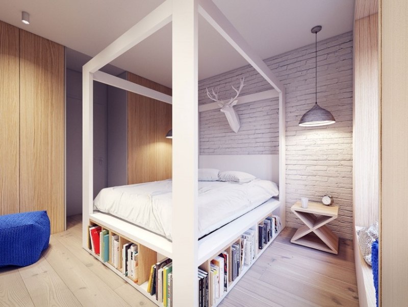 moderne-schlafzimmer-bett-buecherregale-weisse-ziegelwand