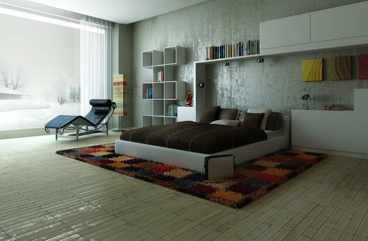 moderne schlafzimmer wand putz bunt teppich schachbrett weiss moebel