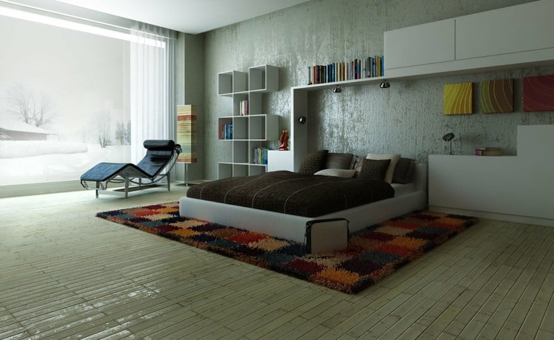 moderne schlafzimmer wand putz bunt teppich schachbrett weiss moebel