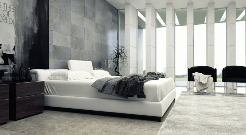 moderne schlafzimmer wandgestaltung monochrom stein minimalistisch