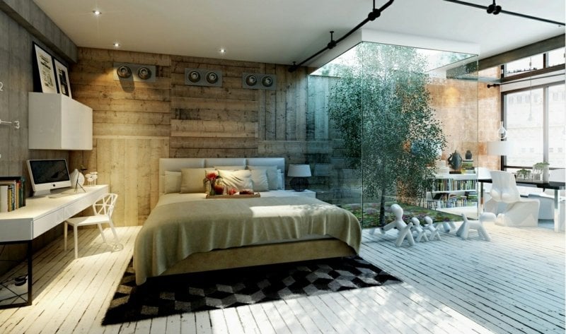 moderne schlafzimmer wandverkleidung holz industriell stil garten glaswand