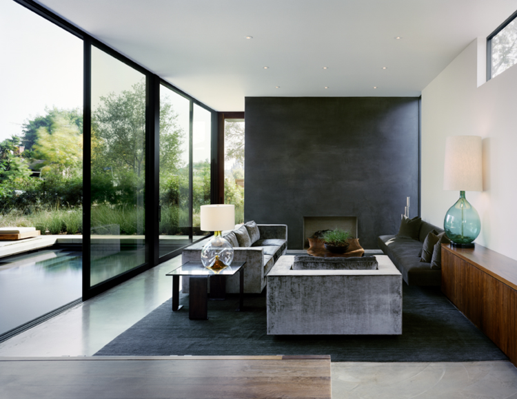 moderne wohnzimmer design idee monochrom wand schwarz couch