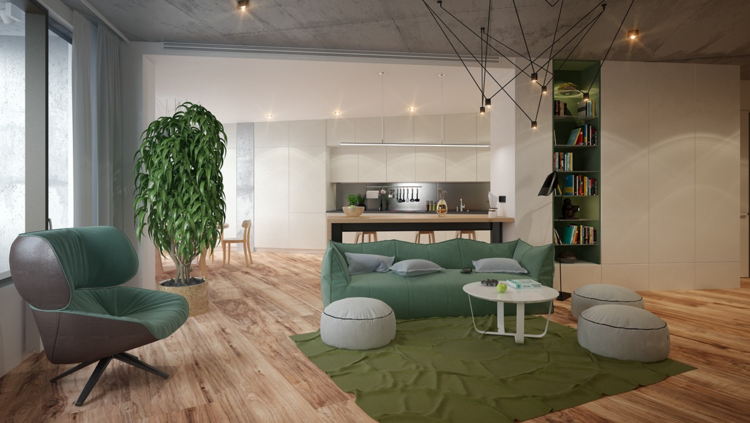 moderne wohnzimmer gruen teppich sofa pflanze sessel hocker einbauregal