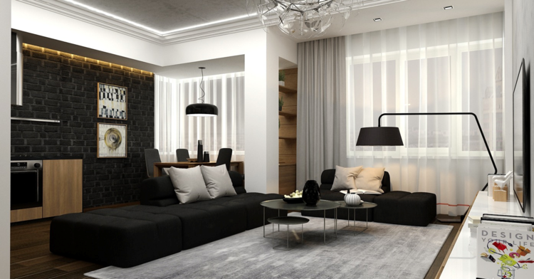 moderne wohnzimmer schwarz weiss sofa teppich grau stehlampe tapete