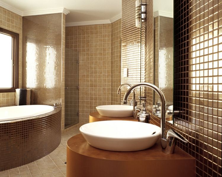 mosaik glanz fliesen braun bronze modern badezimmer runde waschbecken