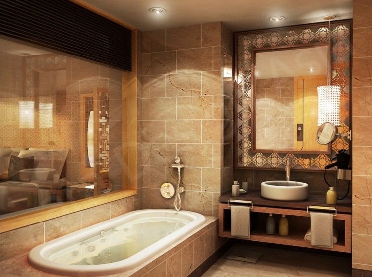 rustikal mediterran badezimmer design spiegel nische waschbecken