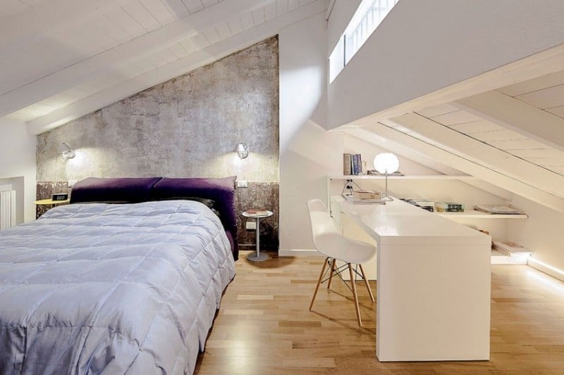 schlafzimmer-dachboden-wandgestaltung-strukturfarbe-beton-optik-home-office