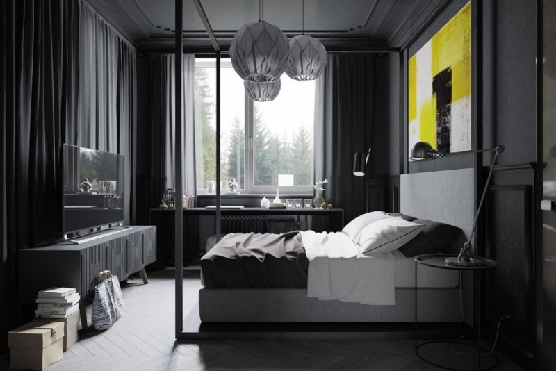 schwarzes-schlafzimmer-mann-graues-polsterbett-gelbes-kunstwerk-wand