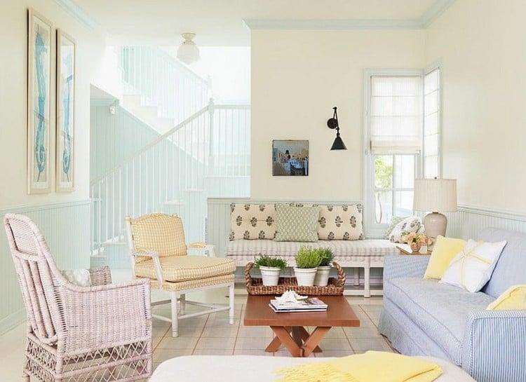 sommer trends interieur wohnzimmer pastell farben rosa blau gelb gruen idee beach