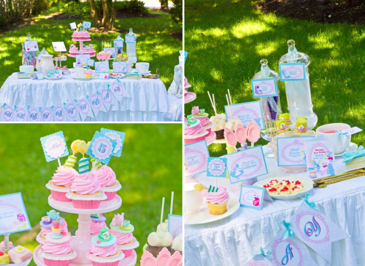 sommerfest partydeko teeparty alice im wunderland tortenstaender cupcakes blau rosa