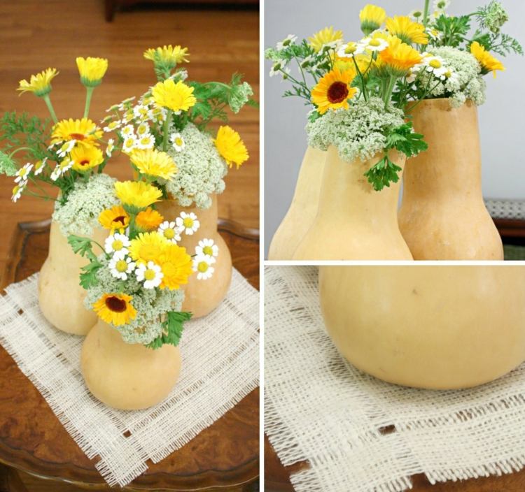 sommerliche tischdekoration spaetsommer sonnenblumen kuebis vase tischdecke weiss