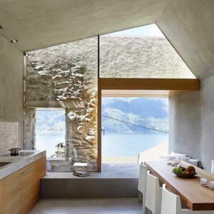 stein beton kueche esstisch holz minimalistisch design idee