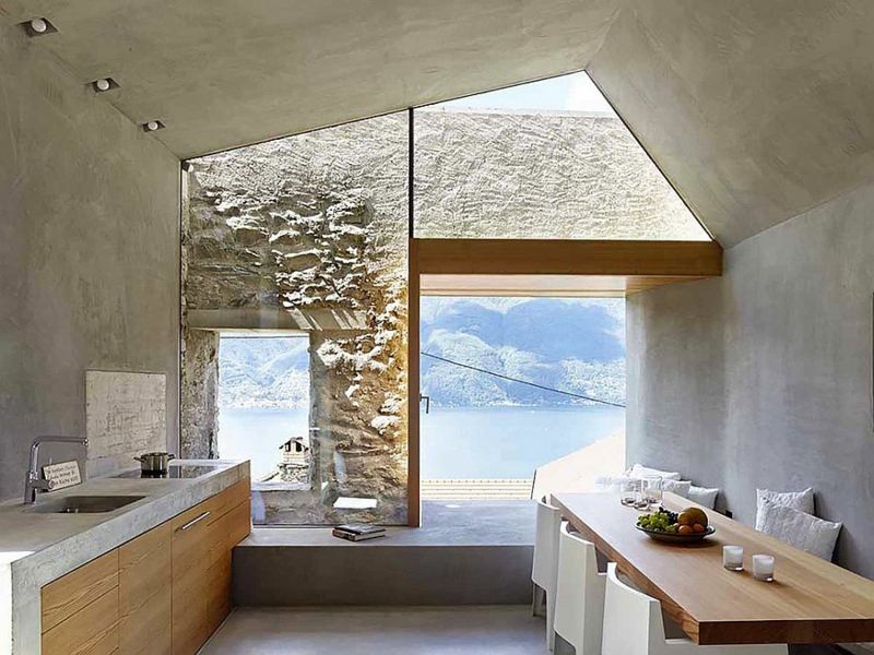 stein beton kueche esstisch holz minimalistisch design idee