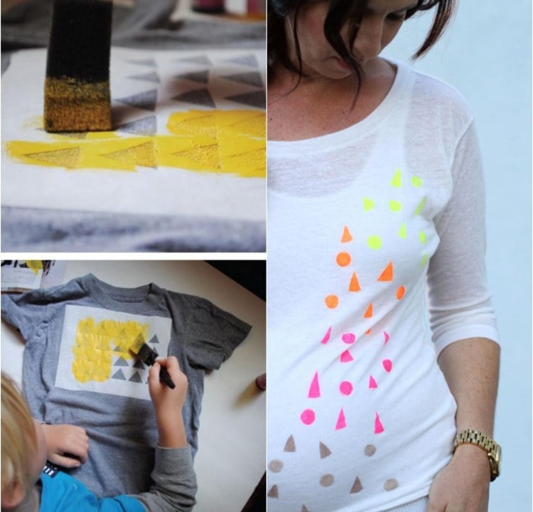 T-Shirt selbst bemalen textilfarbe-dreiecke-neonfarben