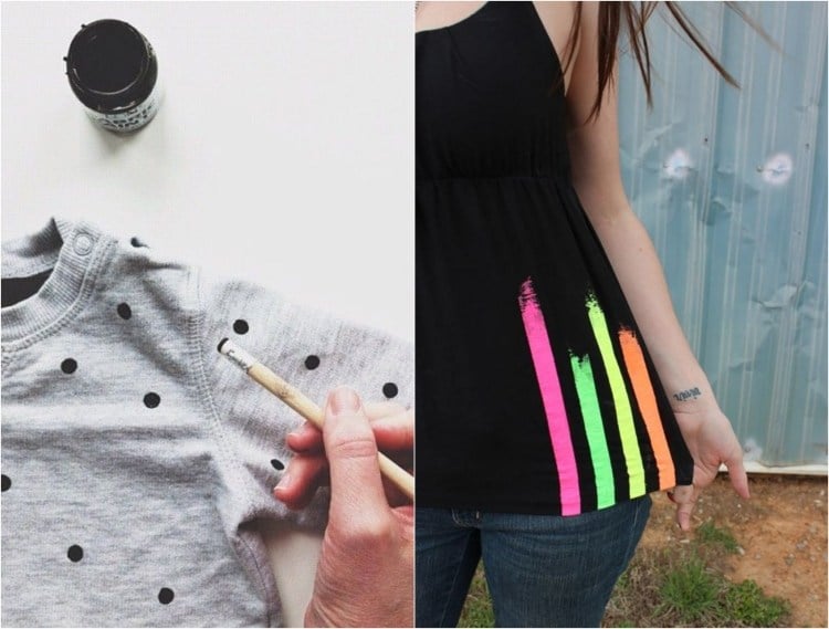 T-Shirt selbst bemalen textilfarbe-ideen-punkte-streifen-neonfarben