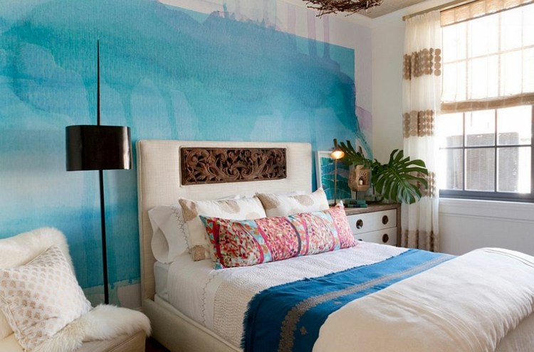 trends sommer interieur blau wand aquarell design schlafzimmer meer strand thema bett