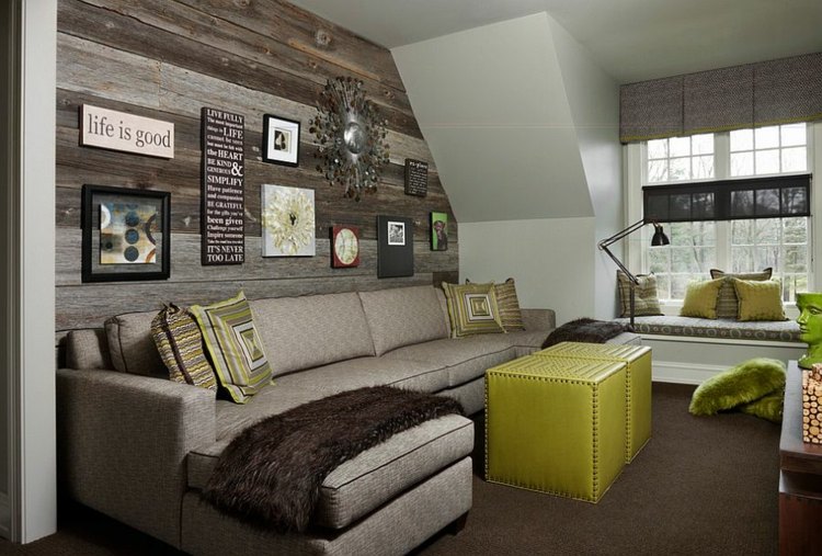 wand laminat design idee rustikal couch kinderzimmer gruen grau