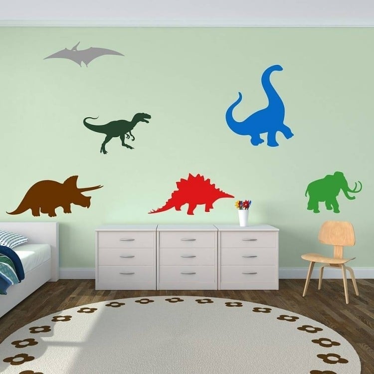 Wandfarbe Mintgrün -kinderzimmer-wandgestaltung-dinosaurier-kommode-teppich-rund