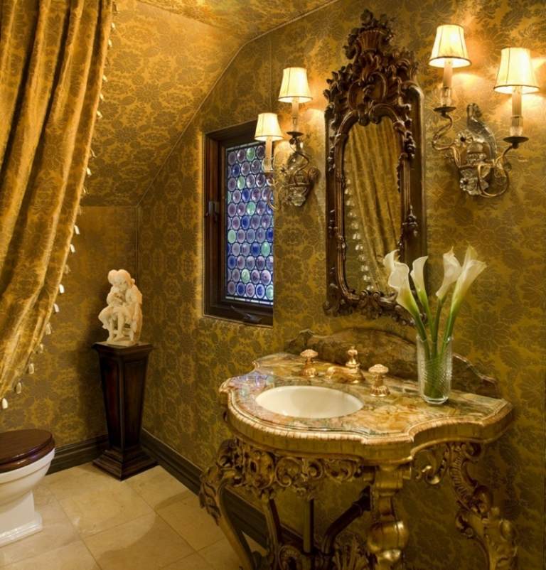 wc gaeste gold tapete vorhang design vintage barock wandleuchten